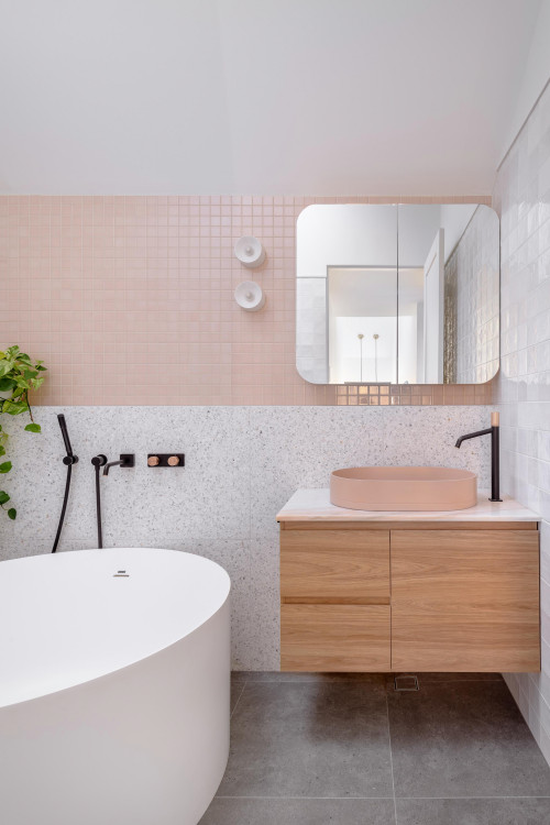 Playful Sophistication: Light Wood Vanity in Pink and White Contemporary Walls