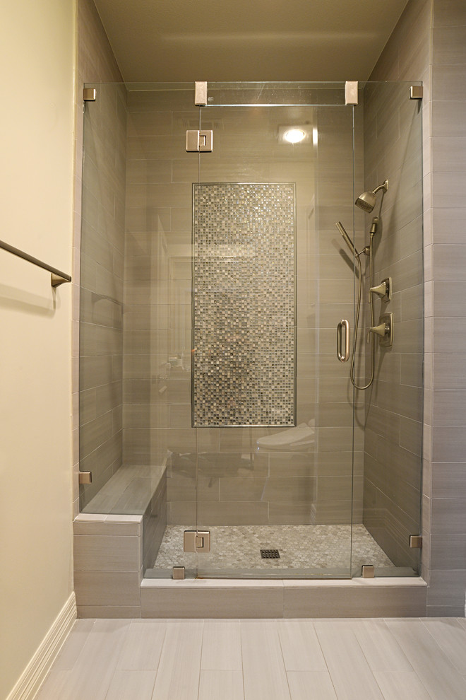 Example of a mid-sized transitional master multicolored tile and mosaic tile alcove shower design in Dallas with beige walls