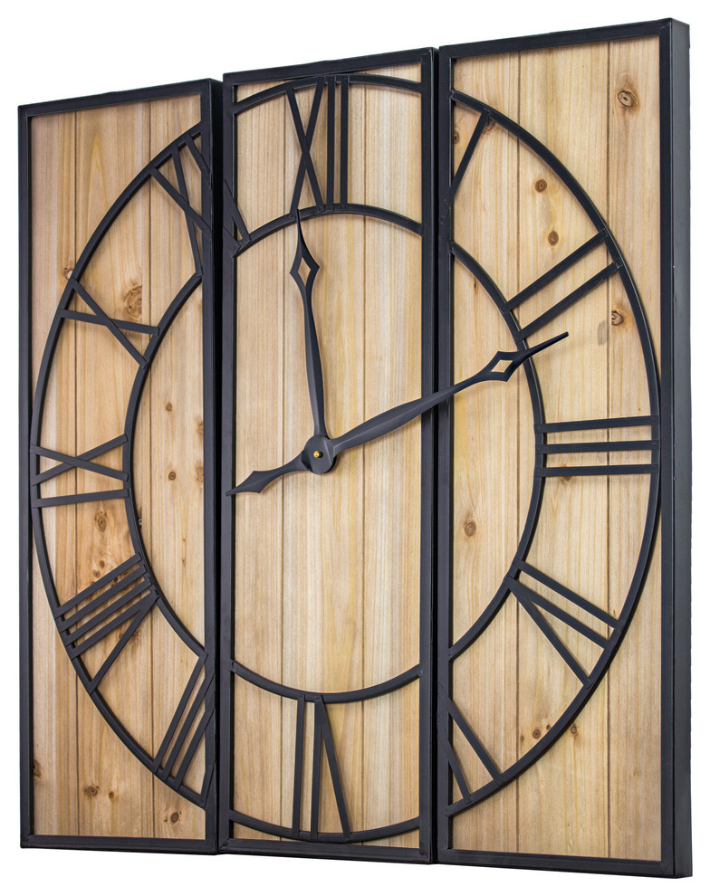 Oversized Wood And Metal 3 Piece Wall Clock 30 X 30 Industrial Wall Clocks By American Art Decor Inc