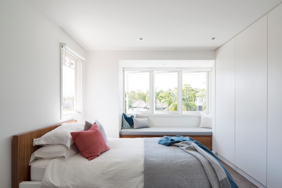 Inspiration for a mid-sized contemporary guest bedroom in Sydney with white walls, carpet and no fireplace.