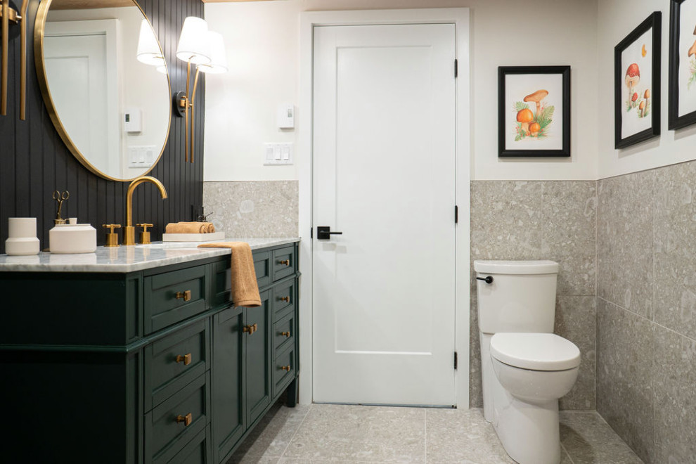 Photo of a medium sized classic bathroom in Montreal with shaker cabinets, green cabinets, a freestanding bath, a walk-in shower, a one-piece toilet, grey tiles, black walls, ceramic flooring, a submerged sink, engineered stone worktops, grey floors, an open shower, white worktops, a single sink, a wood ceiling and tongue and groove walls.