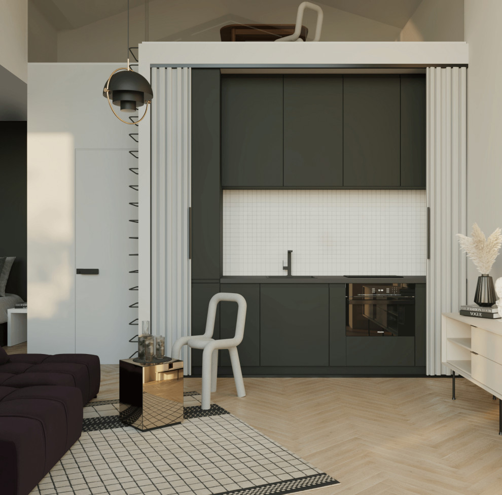 Exemple d'une petite salle de séjour mansardée ou avec mezzanine tendance avec un mur blanc, parquet clair et un sol beige.