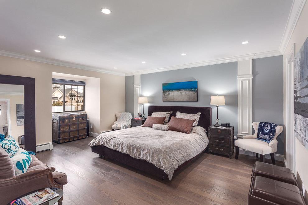 Design ideas for a large contemporary master bedroom in Vancouver with multi-coloured walls, dark hardwood floors and no fireplace.