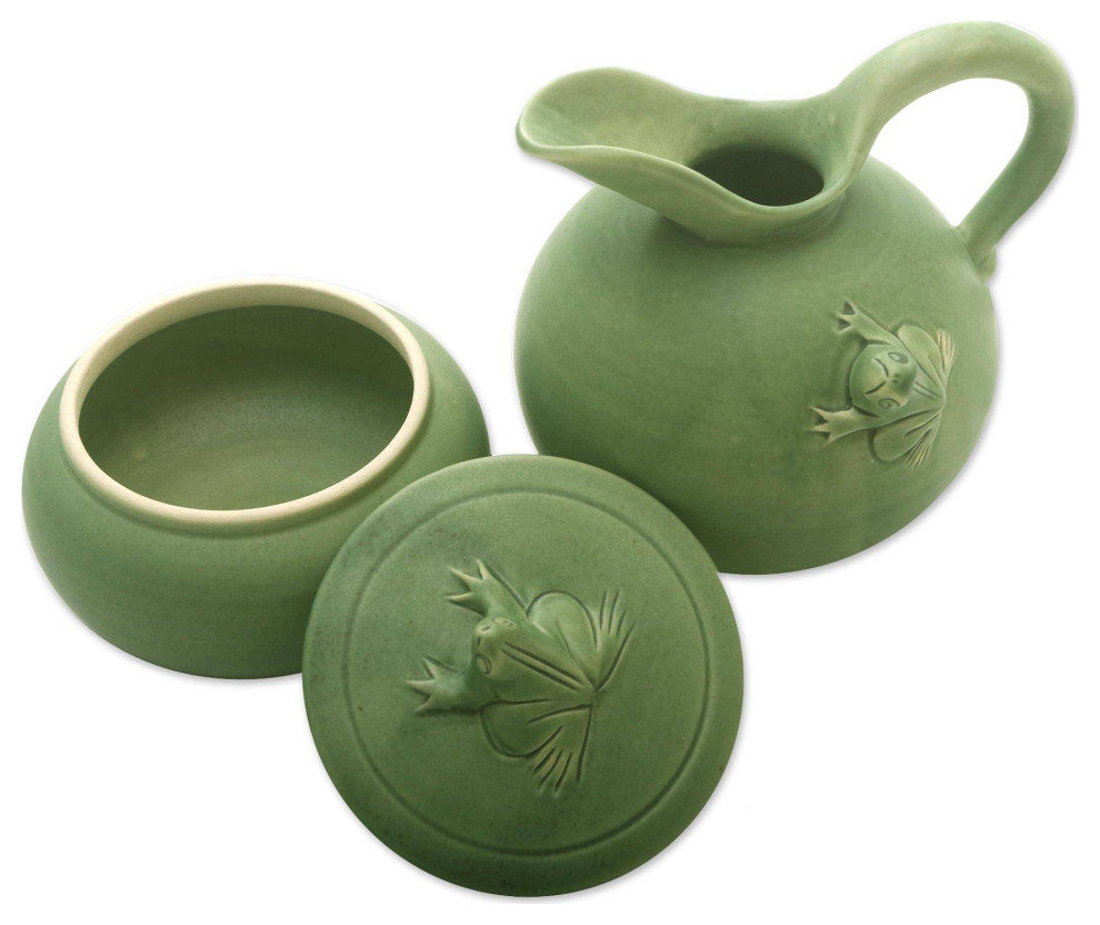 NOVICA Frog Fancy And Ceramic Sugar Bowl And Creamer Set