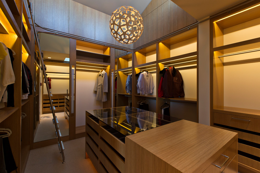 Design ideas for a large contemporary gender-neutral walk-in wardrobe in San Francisco with flat-panel cabinets, medium wood cabinets and carpet.