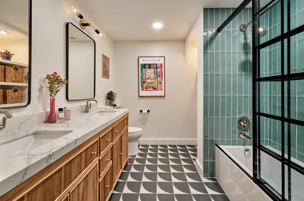 Large transitional master bathroom in Chicago with shaker cabinets, brown cabinets, an alcove tub, a shower/bathtub combo, white walls, mosaic tile floors, a sliding shower screen, white benchtops, a niche, a double vanity and a freestanding vanity.