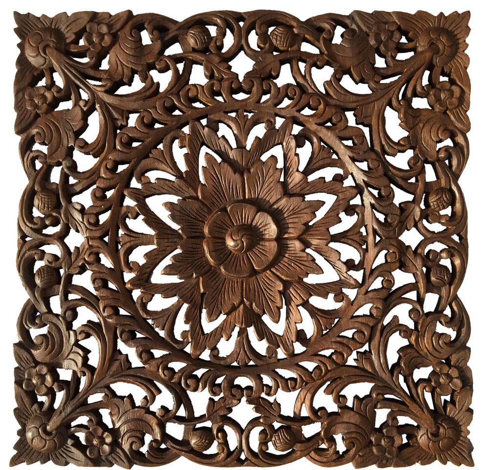 Oriental Carved Wood Floral Wall Art Panel Home Decor Rustic Wall Hanging 24 Traditional