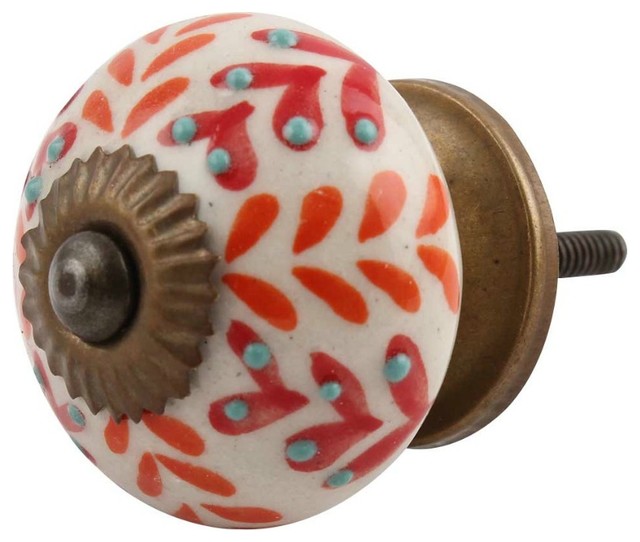 Ceramic Drawer Knob With Orange And Red Leaf Pattern Set Of 4