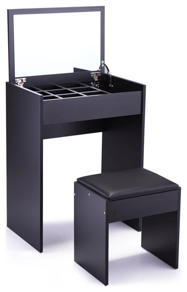 Modern Vanity Set, Padded Stool & Table With Flip Up Mirror & Open