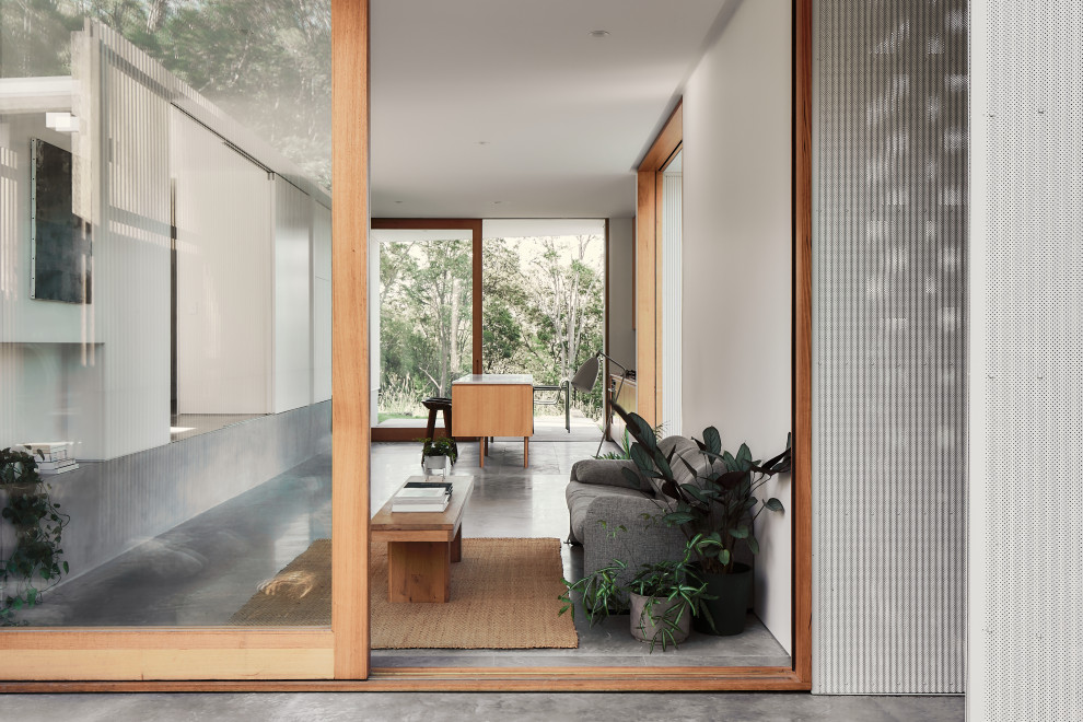 Idéer för en liten modern ingång och ytterdörr, med vita väggar, betonggolv, en skjutdörr, ljus trädörr och grått golv