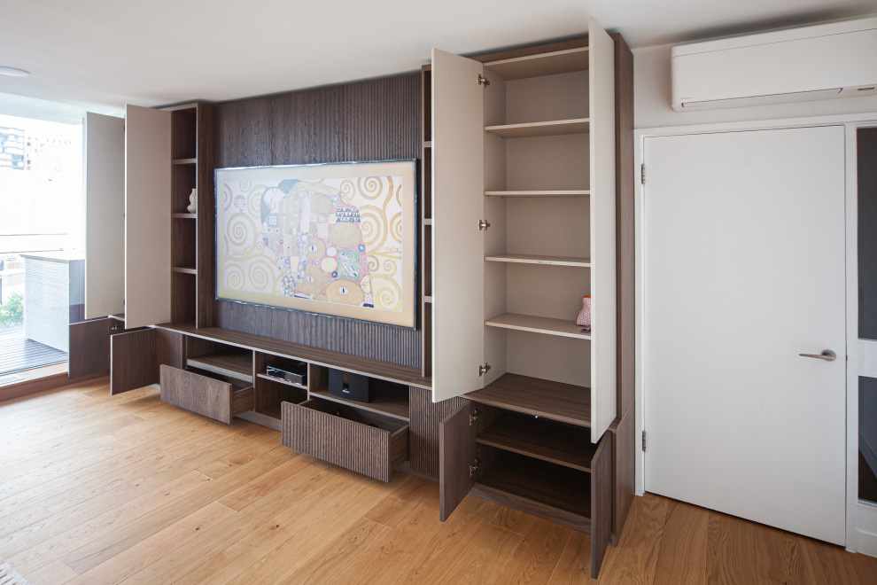 Bespoke Sleek Brown Media Unit with ribbed wood slat panels