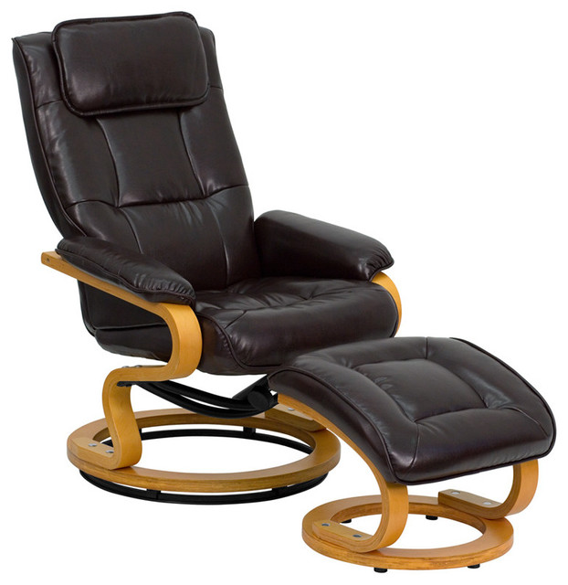 Contemporary Leather Recliner and Ottoman with Swiveling Maple Wood