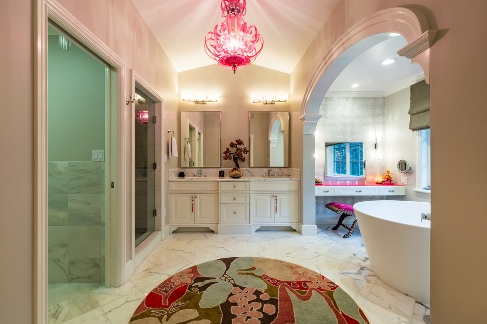 Freestanding bathtub - huge transitional master white tile and mosaic tile marble floor freestanding bathtub idea in Miami with white cabinets, a one-piece toilet, gray walls, an undermount sink, marble countertops and a hinged shower door