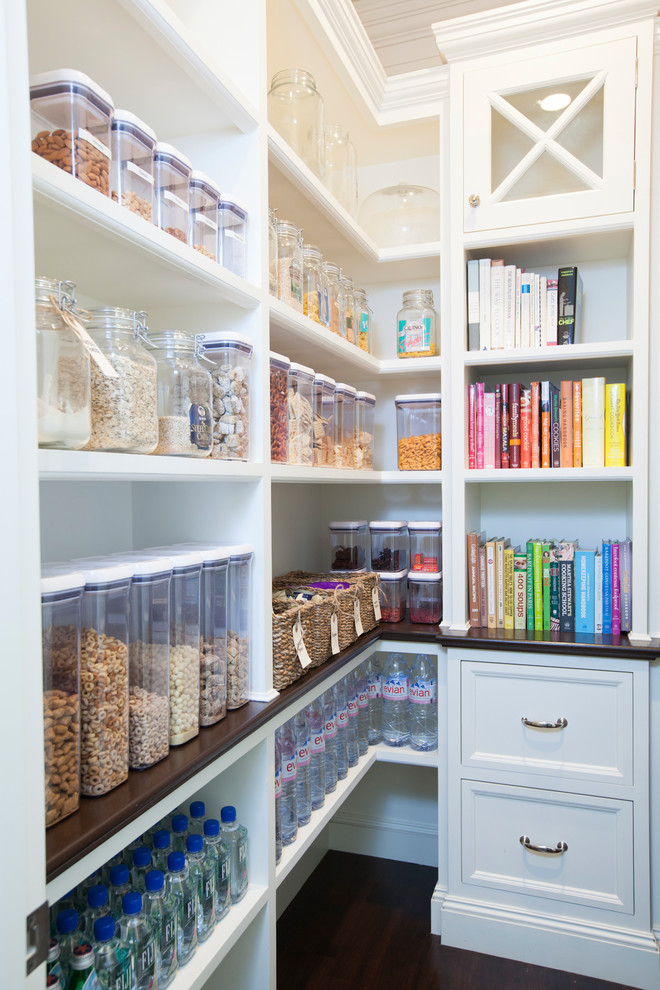 Inspiration for a mid-sized transitional kitchen pantry in Santa Barbara with open cabinets and white cabinets.