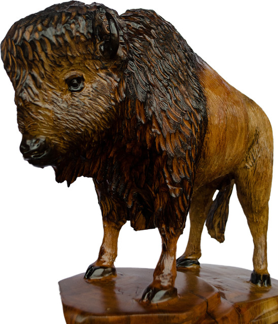 Buffalo Wood Sculpture Southwestern Garden Statues And Yard Art By Fine Wood Carvings And Cedar Furniture Houzz