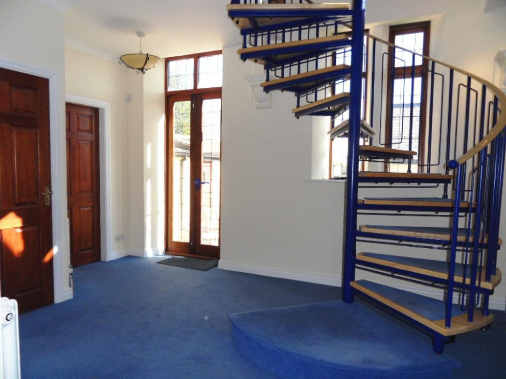 Ejemplo de hall contemporáneo con paredes blancas, moqueta, puerta doble, puerta de vidrio y suelo azul