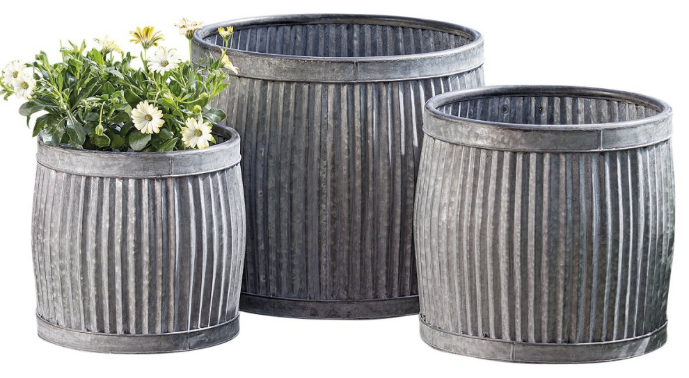 Belly Bucket Planters, Set of 3, Galvanized Metal , 17 12" Diameter