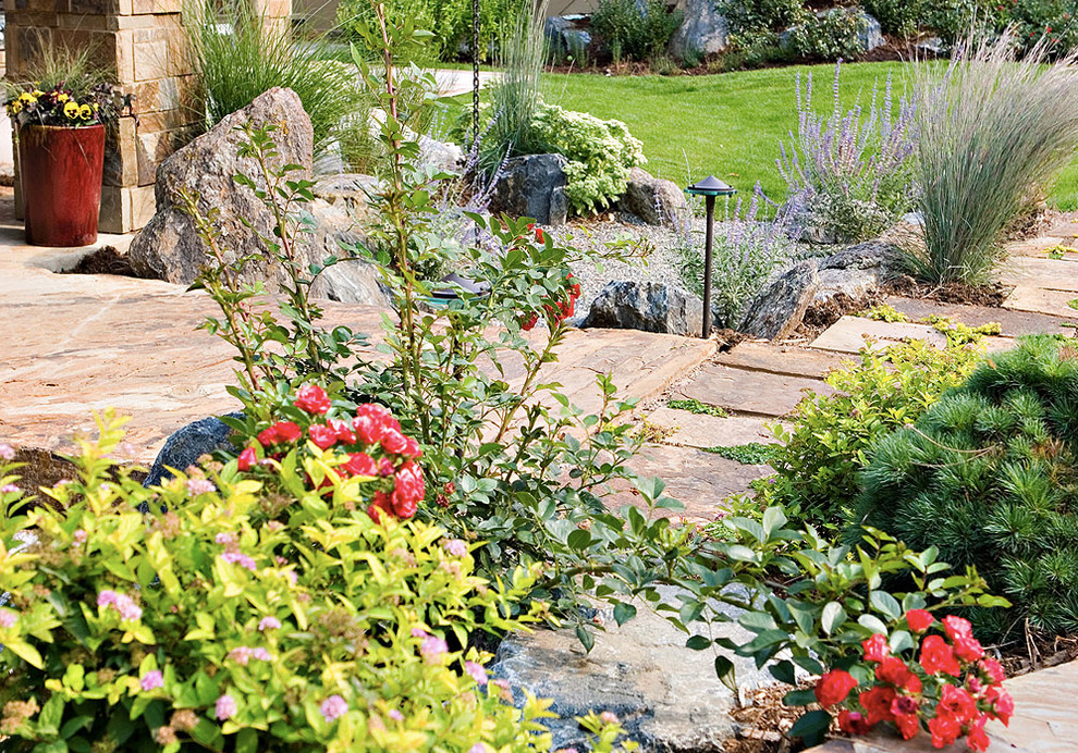 This is an example of a small transitional full sun backyard stone landscaping in Denver for spring.