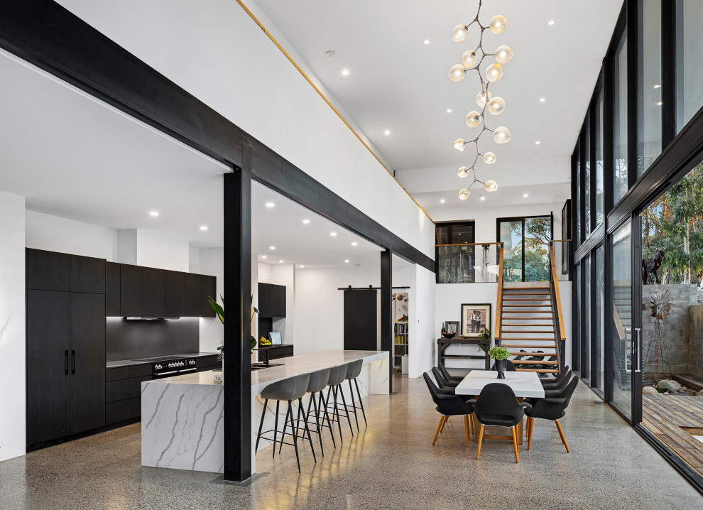 Photo of a large modern open plan dining in Melbourne with white walls, concrete floors, a two-sided fireplace, a concrete fireplace surround and vaulted.