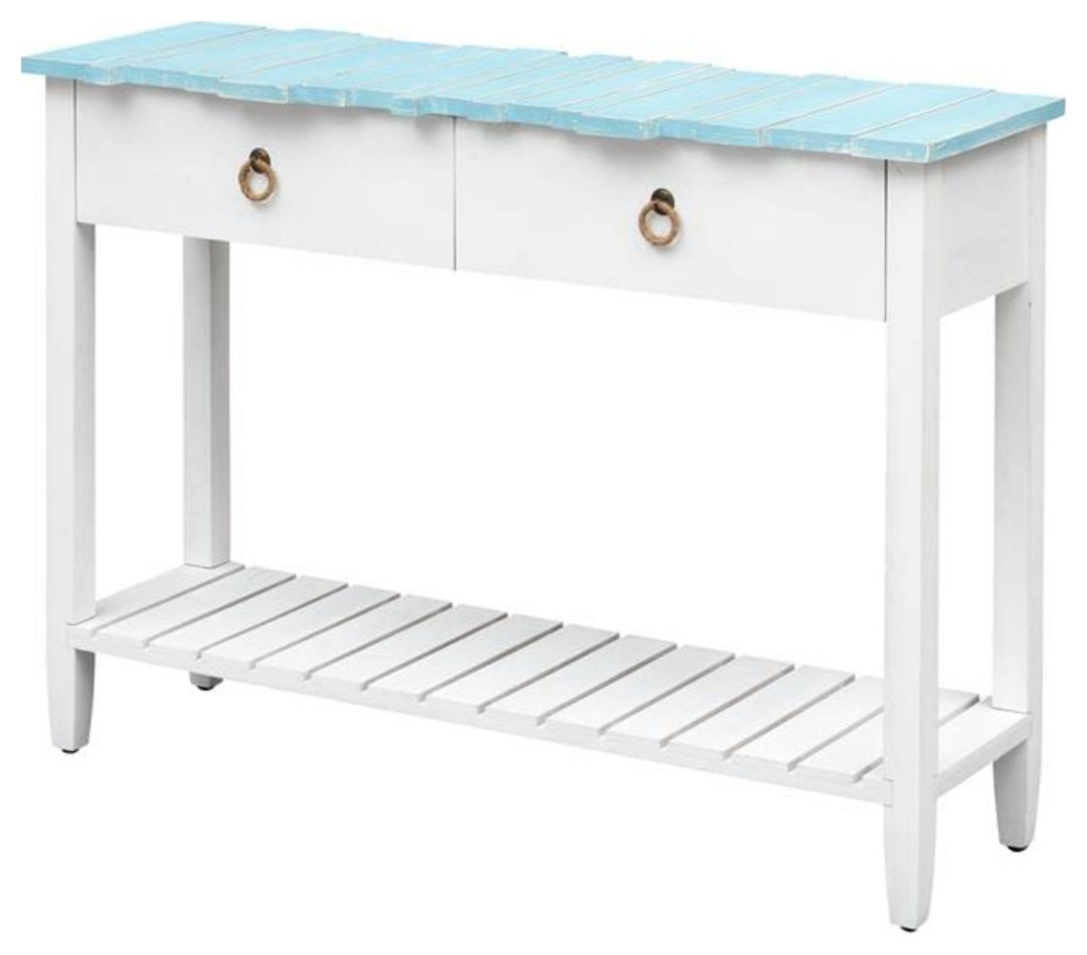 Coastal Console Table, 2 Drawers With Ring Golden Pulls, Blueish Green