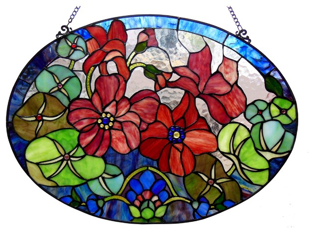 CHAMBER, Tiffany-glass Roses Window Panel, 24x18