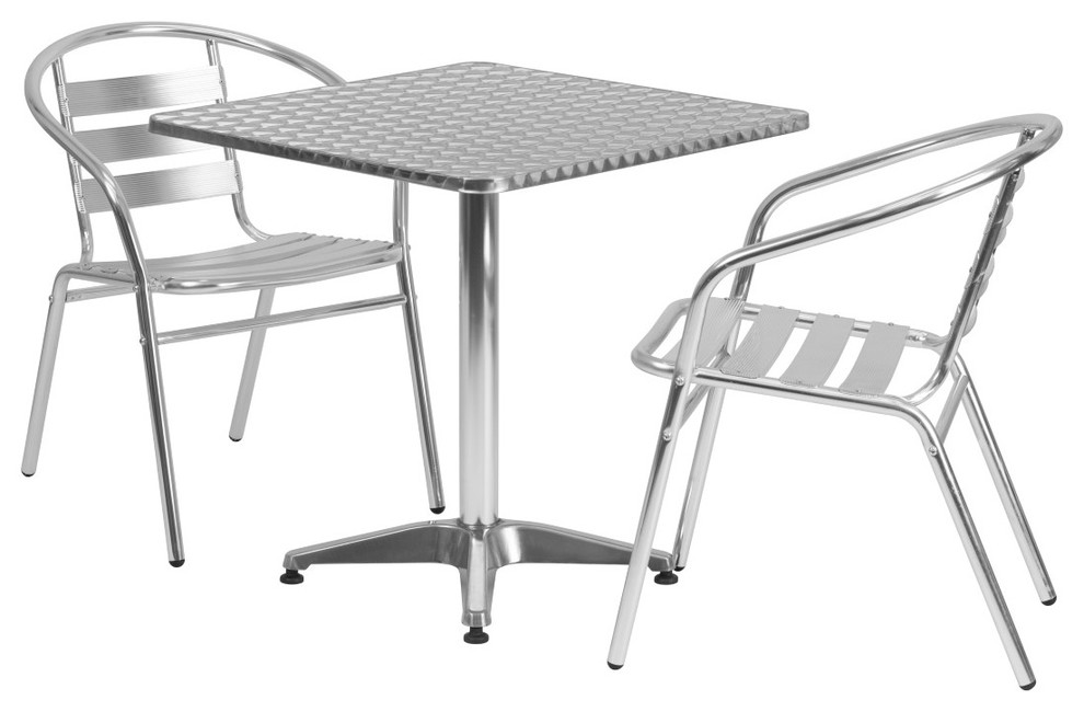 MFO 27.5'' Square Aluminum Indoor-Outdoor Table with 2 Slat Back Chairs