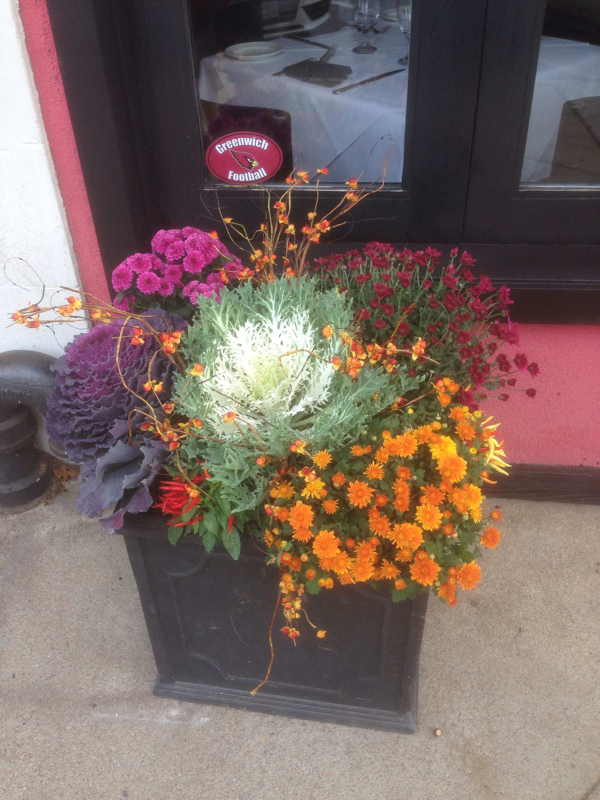 Planter with Cabbage,  kale, mums and bittersweet. Its a winning combination. Peter Atkins and Associates, LLC