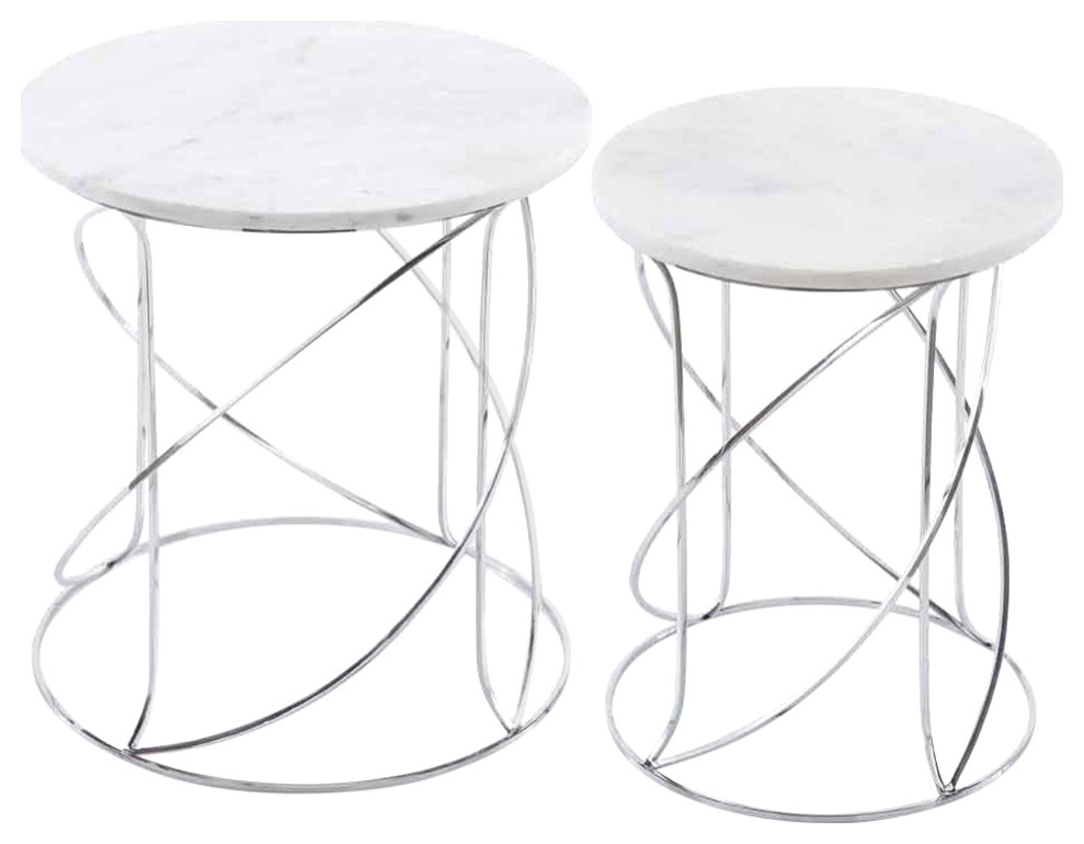 18"x18"x20.5" Buffed White, Nested, Marble Tables, 2Piece Set