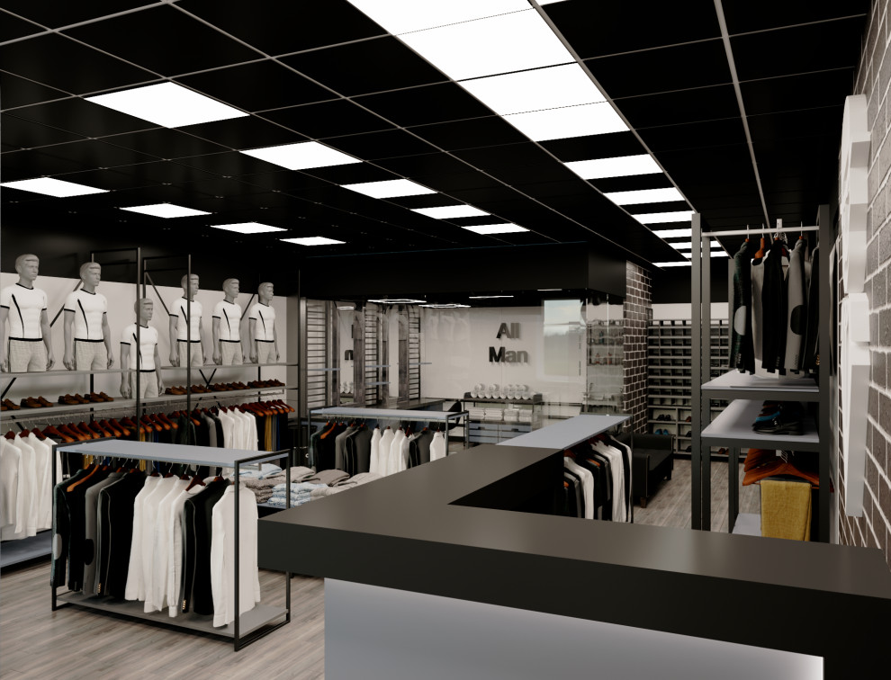 Брутальный лофт. Дизайн интерьера магазина мужской одежды и барбершопа "ALL MAN"