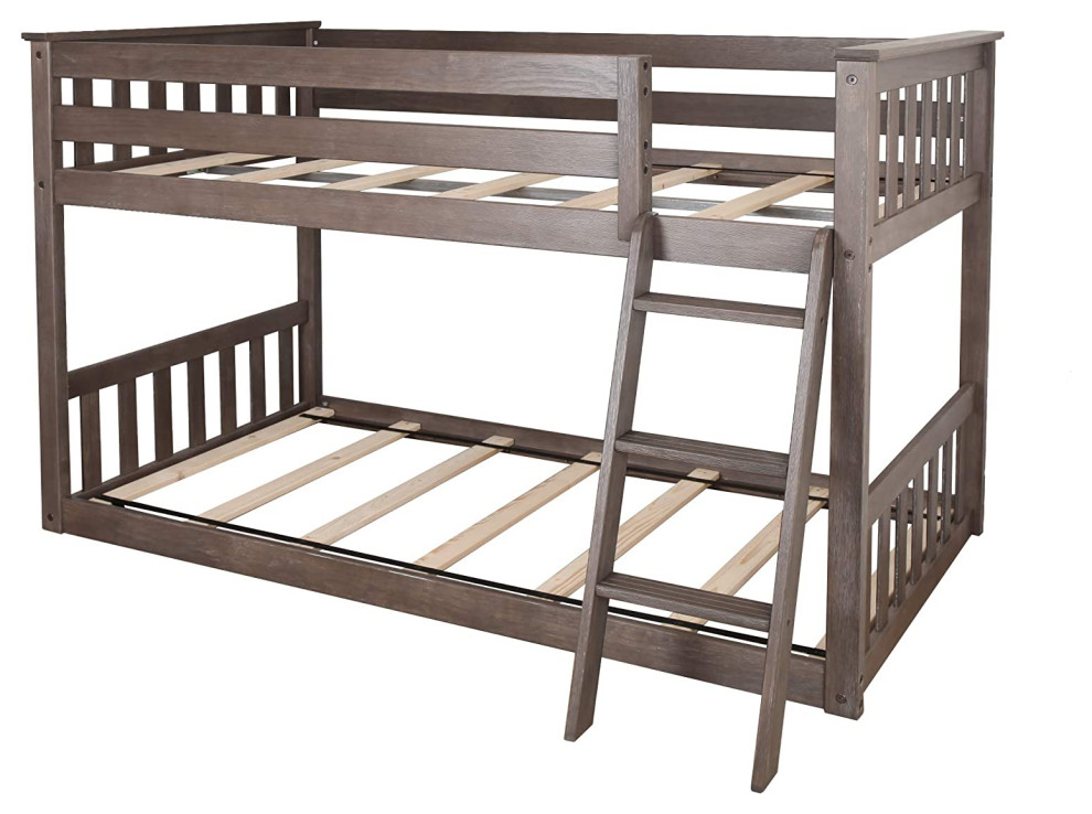Traditional Twin Bunk Bed, Pine Wood Frame With Removable Angled Ladder