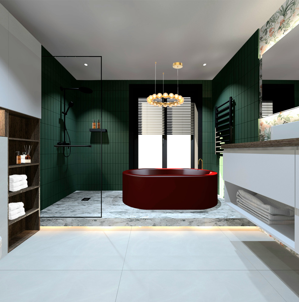Дизайн ванной с яркими акцентами.