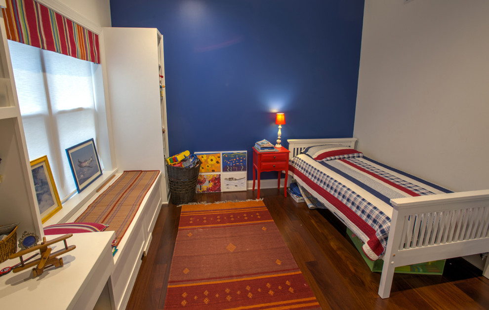 Design ideas for a mid-sized traditional kids' bedroom for kids 4-10 years old and boys in Chicago with multi-coloured walls, dark hardwood floors and brown floor.