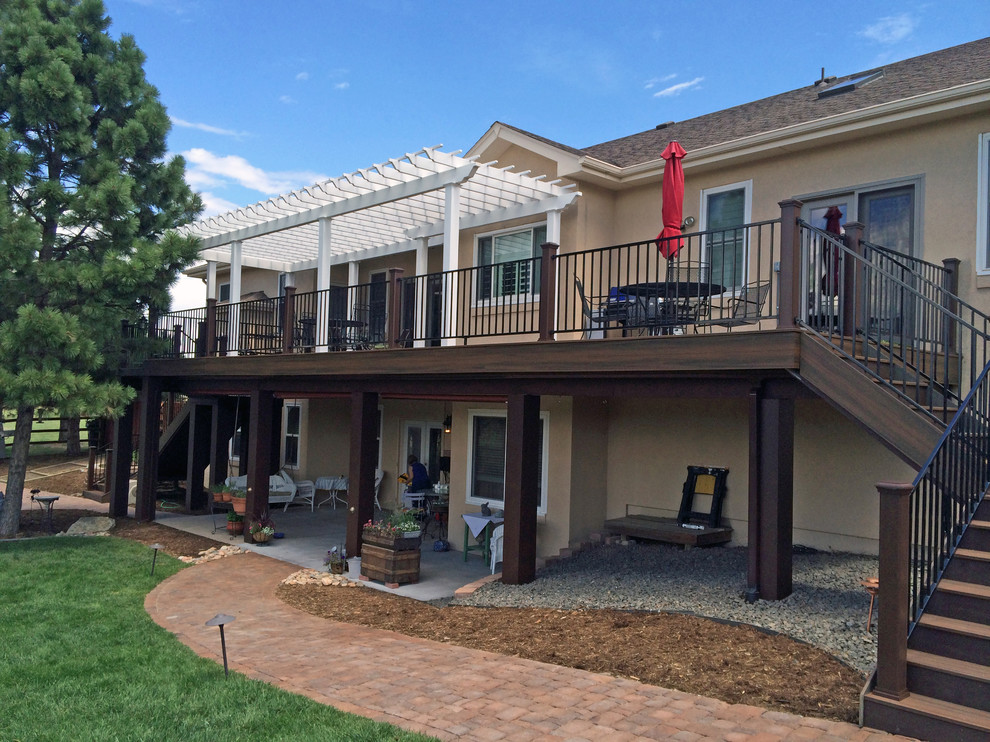 Deck - mid-sized transitional backyard deck idea in San Diego with a pergola