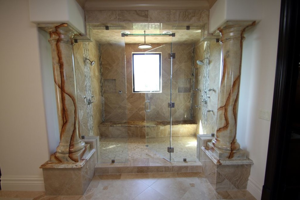This is an example of a mediterranean bathroom in Los Angeles with an alcove shower.