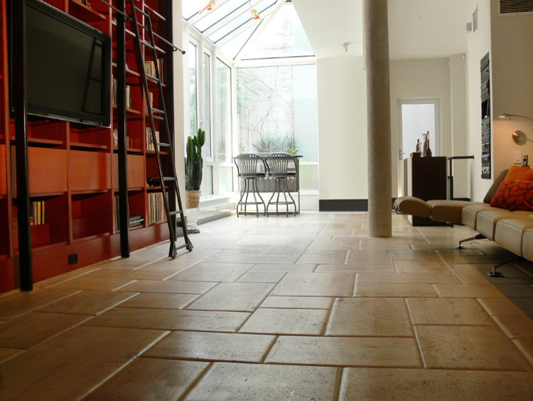 Design ideas for a contemporary living room in New York with limestone floors.