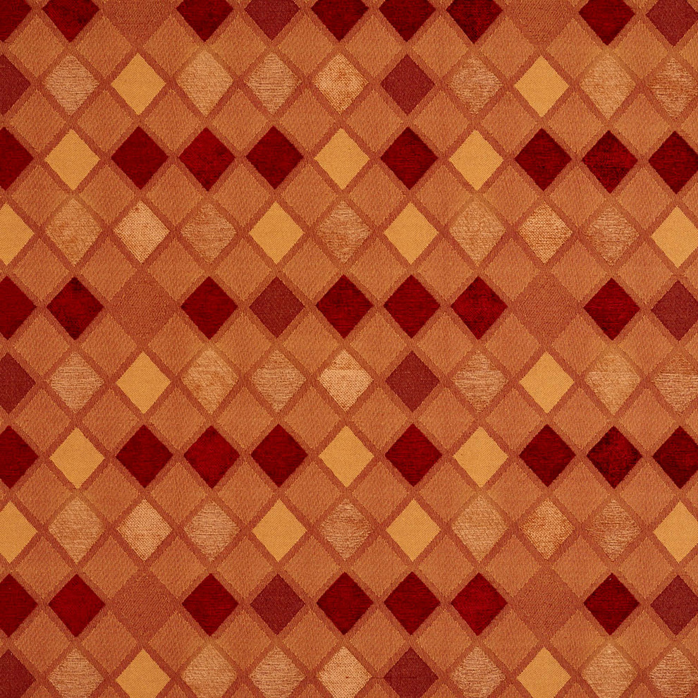 Burgundy Gold and Orange Contemporary Diamond Chenille Upholstery Fabric