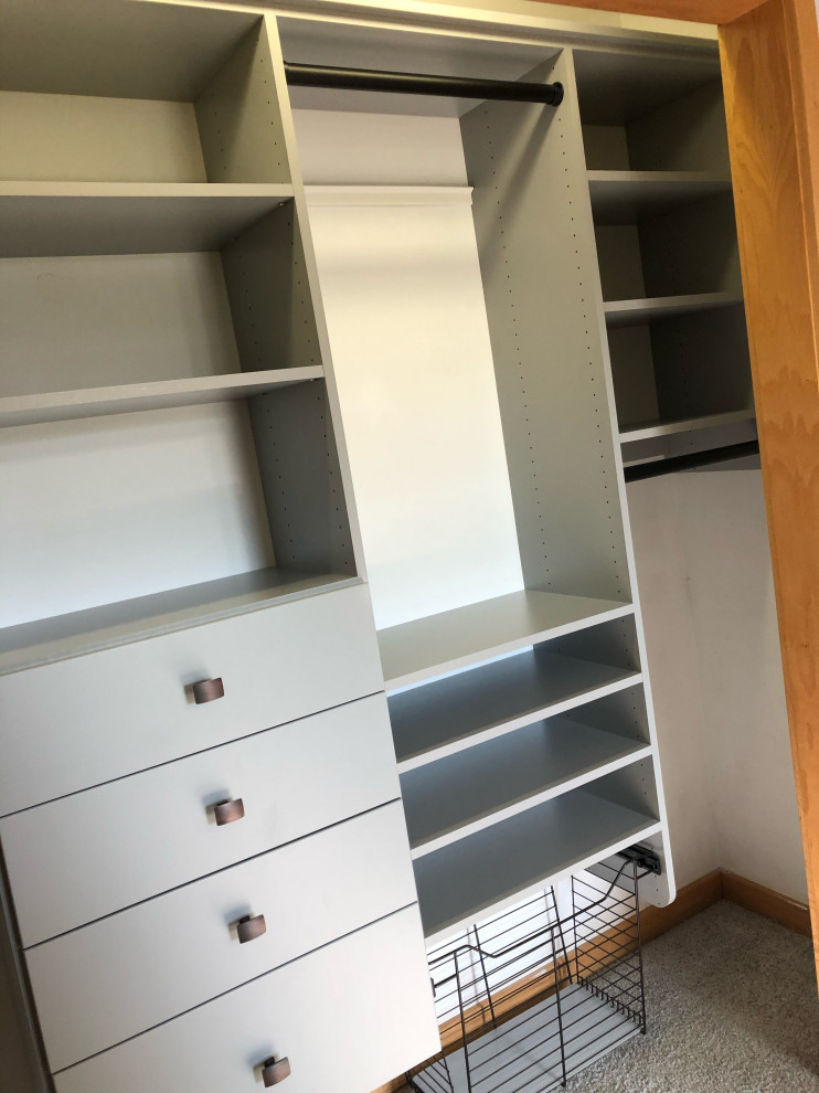 Photo of a mid-sized modern gender-neutral storage and wardrobe in Grand Rapids with flat-panel cabinets, grey cabinets, carpet, beige floor and coffered.