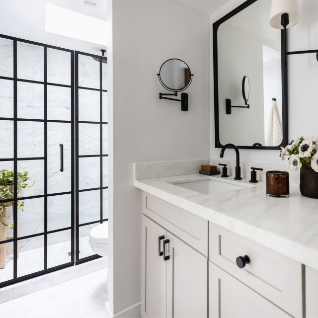 Olympian White Honed Marble Bathroom Transitional Bathroom