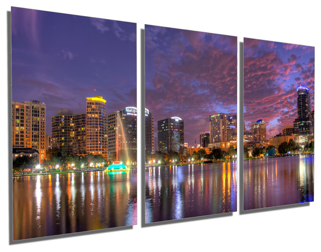 Orlando, Florida Skyline Metal Print Wall Art, 3 Panel Split, Triptych