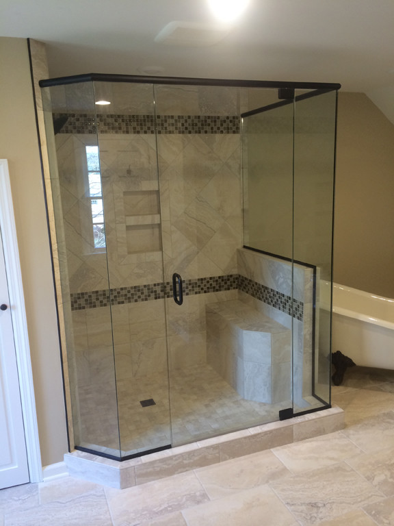 Large traditional master bathroom in Other with an undermount sink, dark wood cabinets, granite benchtops, a claw-foot tub, an alcove shower, a two-piece toilet, beige tile, porcelain tile, beige walls, porcelain floors, shaker cabinets, multi-coloured floor and a hinged shower door.