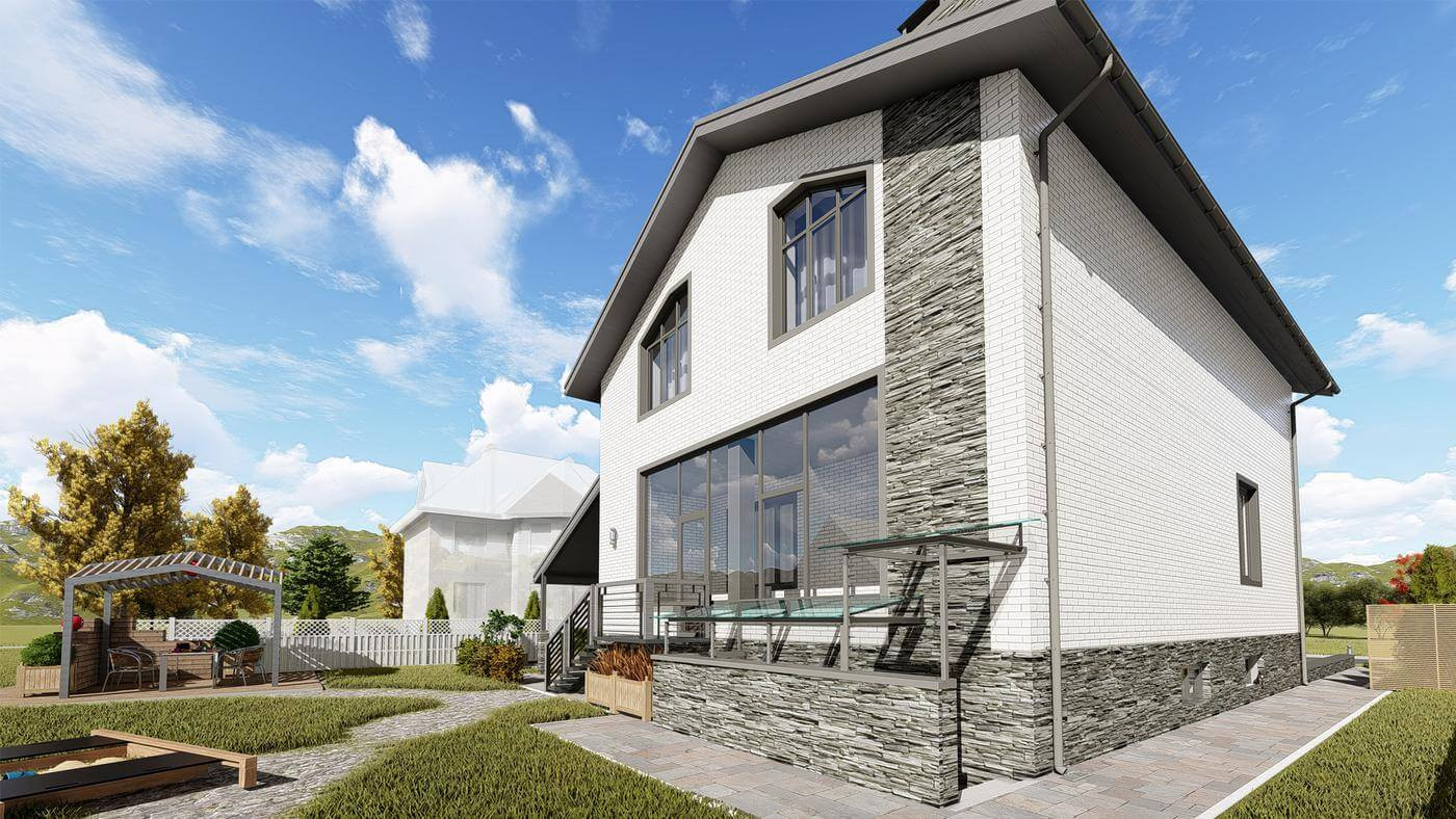 Проект дома с мансардой и гаражом в цокольным этаже