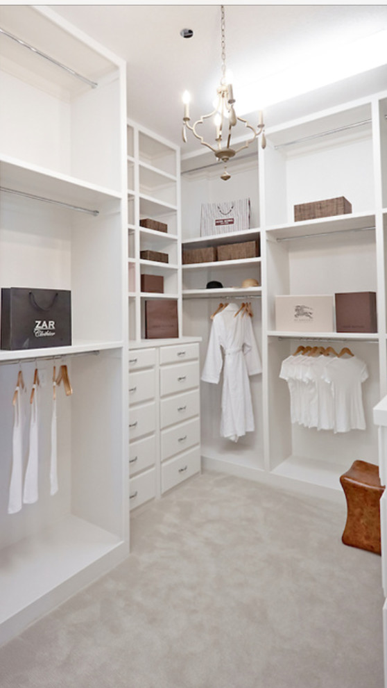 Inspiration for a large transitional gender-neutral walk-in wardrobe in Dallas with shaker cabinets, white cabinets and carpet.