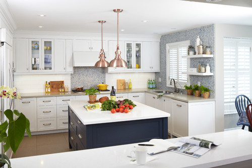 White kitchen with navy blue island -- put it on my list of favorites!