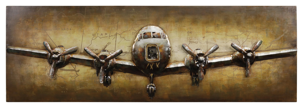 "Airplane" Mixed Media Iron Hand Painted Dimensional Wall Art, 24"x72"