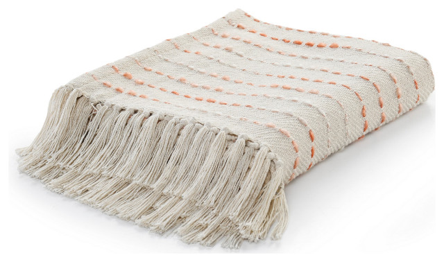 Shimmer Stripe Woven Throw Blanket with Fringe, Peach