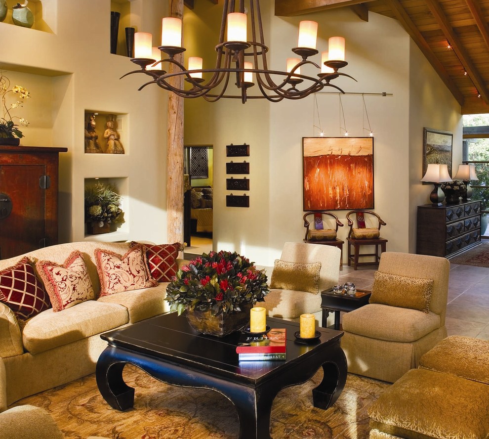 Inspiration for a mid-sized country formal open concept living room in Seattle with beige walls, travertine floors, no fireplace, no tv and beige floor.