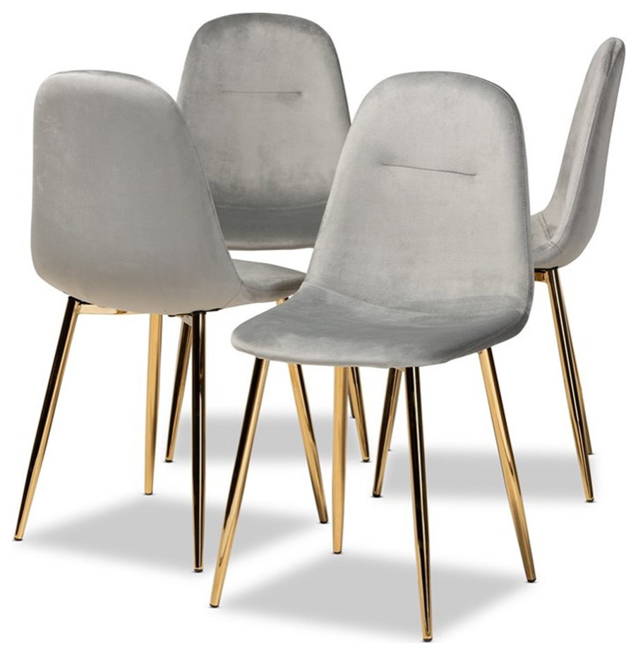 Set of 4 Baxton Studio Elyse Grey Velvet Upholstered Metal Dining Chairs