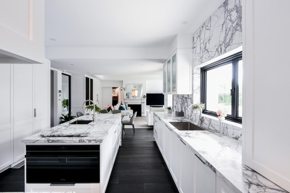 Kitchen with White Shaker Profile Cabinets and Marble Benchtops ...