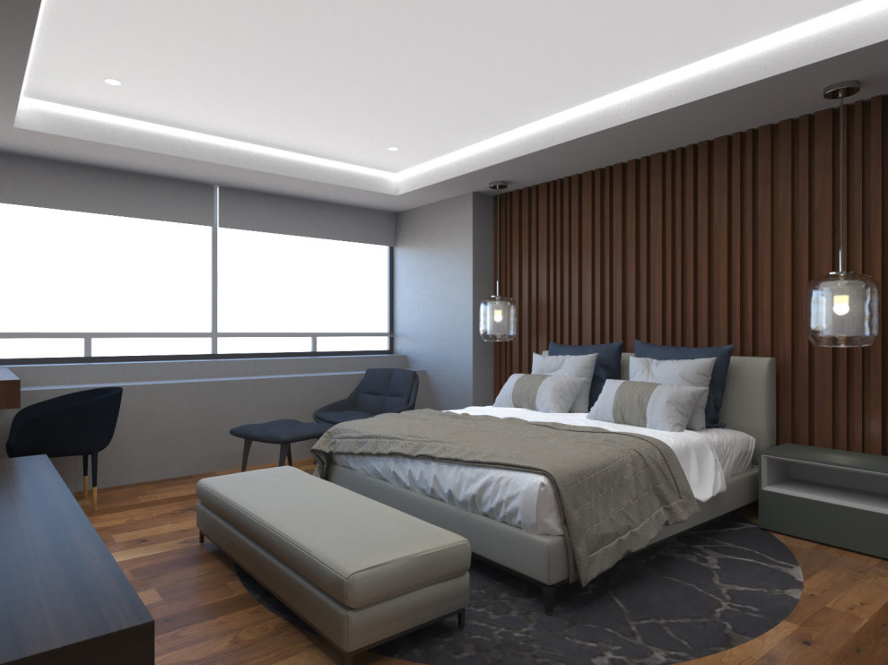 This is an example of a mid-sized contemporary master bedroom in Mexico City with multi-coloured walls, laminate floors, no fireplace, brown floor, recessed and panelled walls.