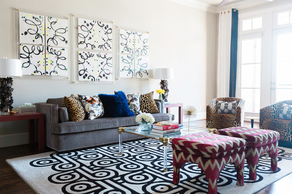 Design ideas for an eclectic living room in Dallas with white walls and dark hardwood floors.
